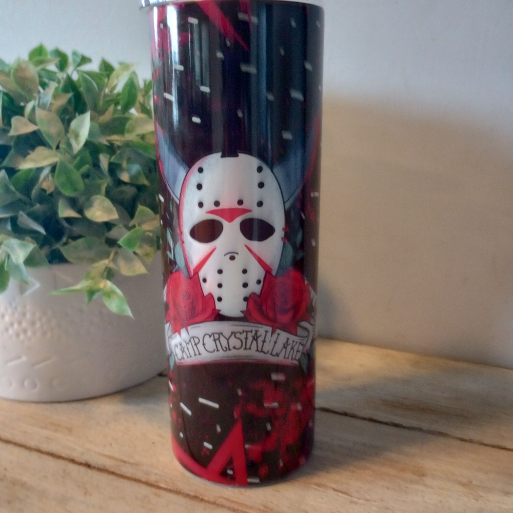 Jason Voorhees Camp Crystal Lake Hockey Mask Horror Movie Tumbler Drinking Cup
